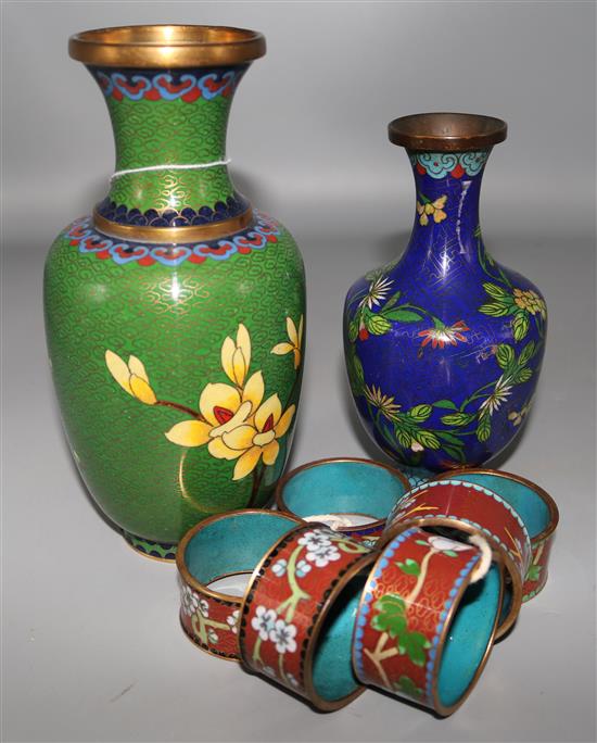 Two cloisonne vases and six napkin rings